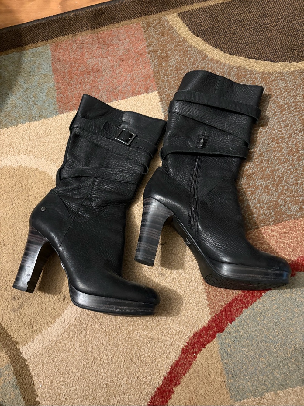 UGG Black Leather Mid-Calf Heeled Boots with Buckle Detail